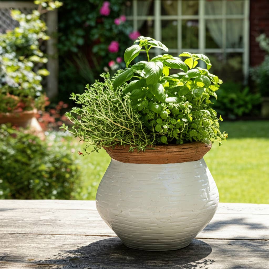 Plant Pot - White/Tan Ceramic Round Tapered Textured, 8 in.