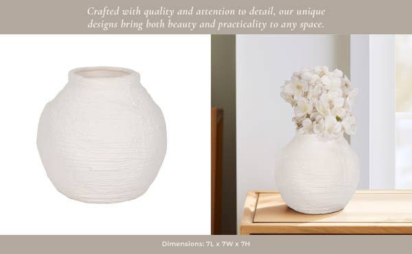 Decorative Vase - White Ceramic Woven Textured Coastal, 7 in