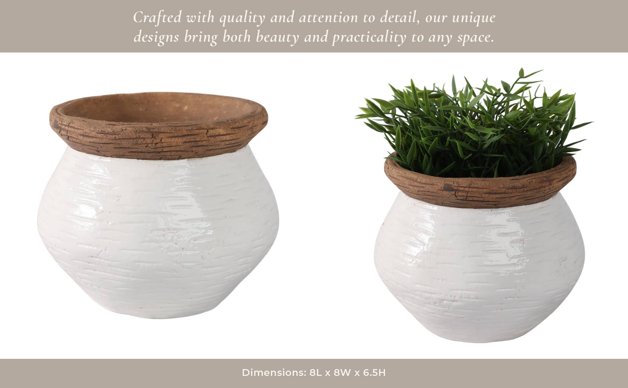 Plant Pot - White/Tan Ceramic Round Tapered Textured, 8 in.
