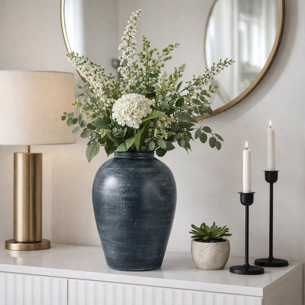 Decorative Vase - Blue Terracotta Distressed Finish, 15 in.