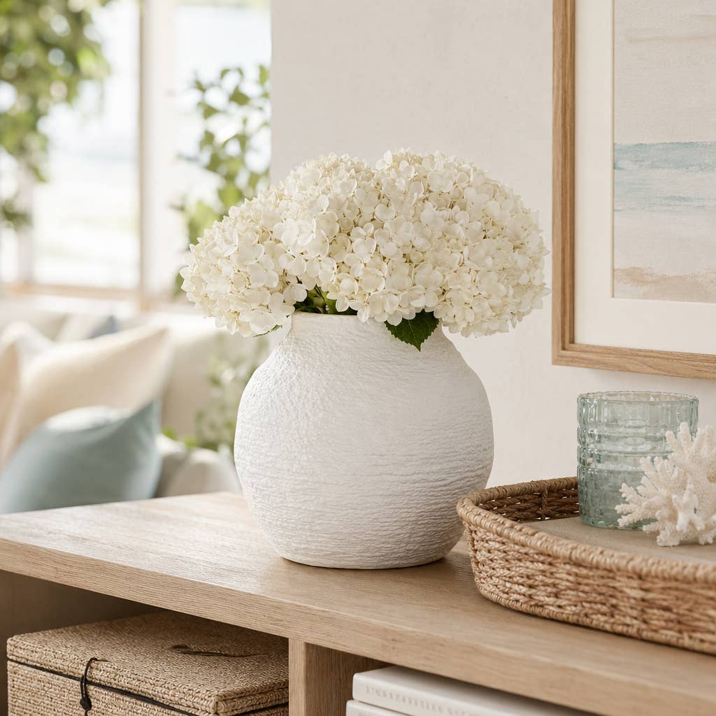 Decorative Vase - White Ceramic Woven Textured Coastal, 7 in