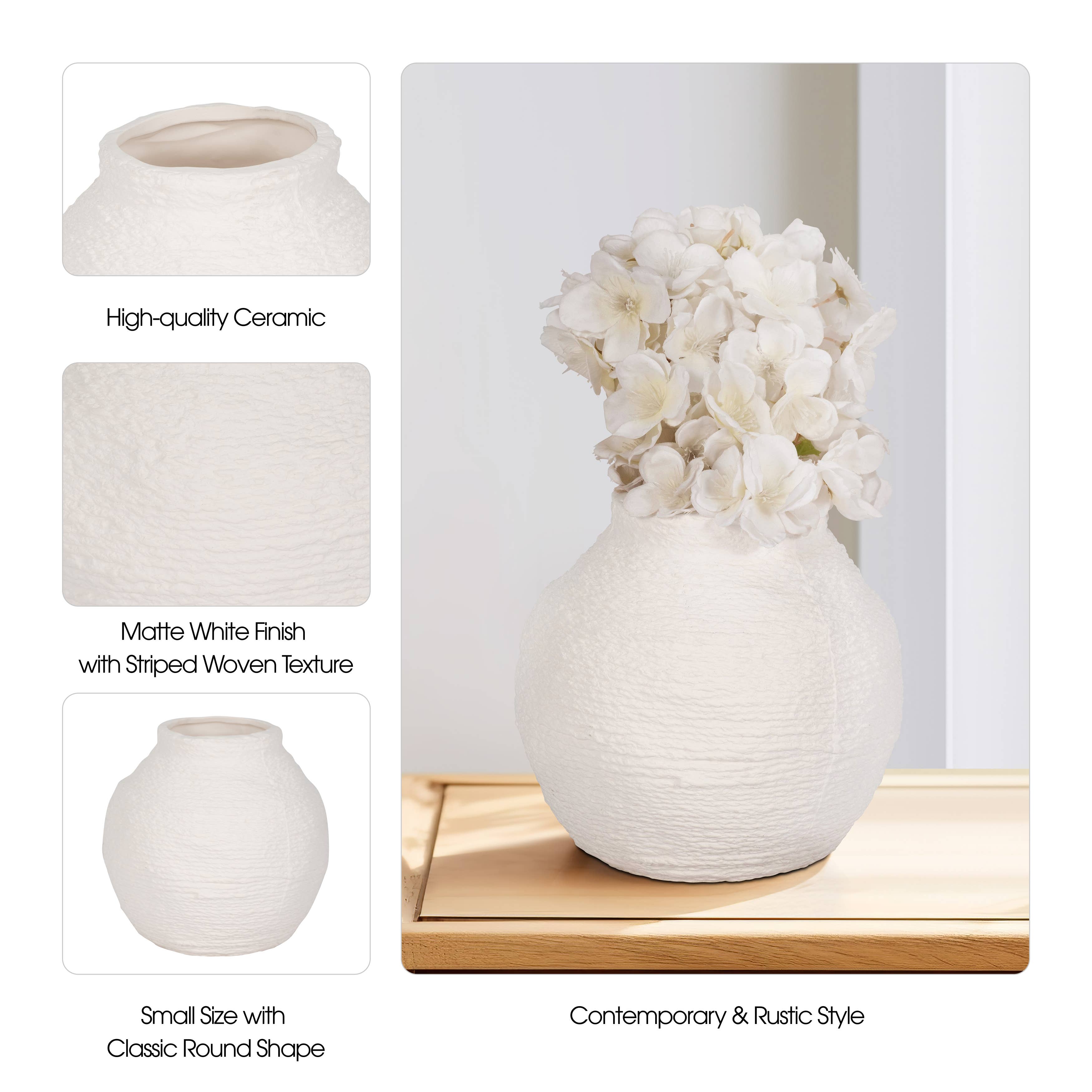 Decorative Vase - White Ceramic Woven Textured Coastal, 7 in