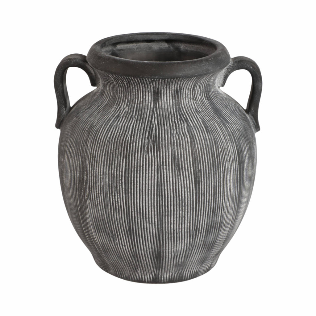 Decorative Vase - Black Ceramic Ribbed Weathered Handle,10in
