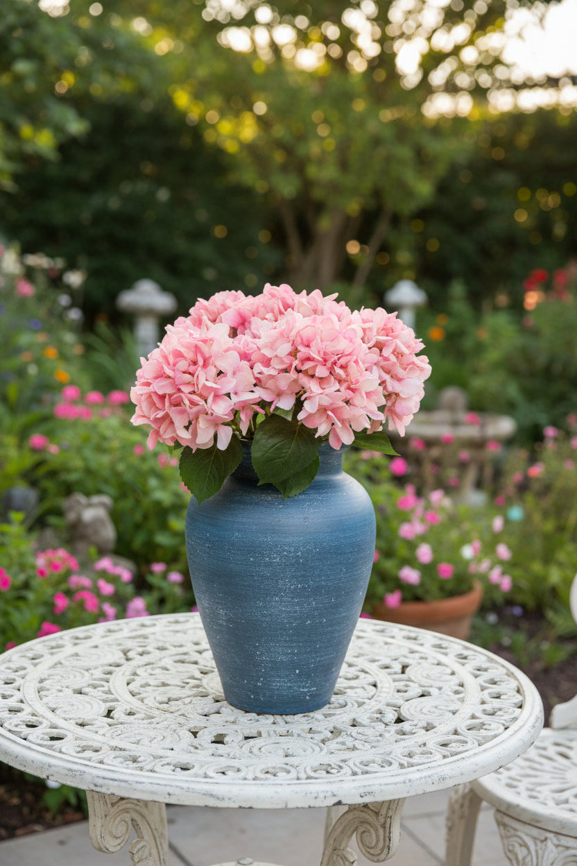 Blue Terracotta Vase With 6 - Pink Hydrangea Stem Arrangement
