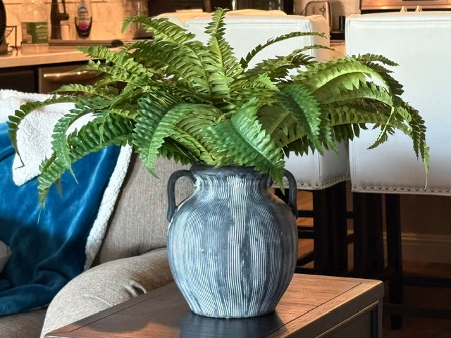 Black Ceramic Ribbed Pot With Large Fern Arrangement