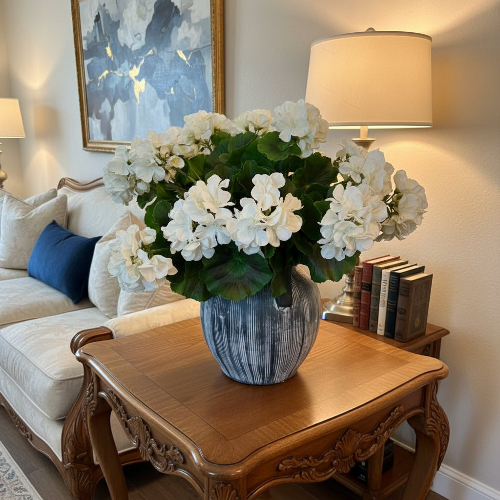 Geranium Arrangement in Black Ribbed Vase