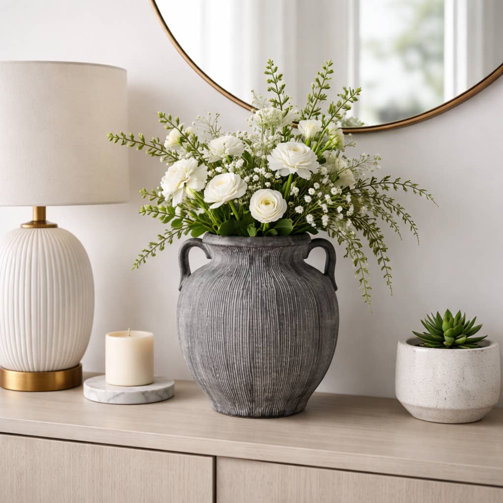 Decorative Vase - Black Ceramic Ribbed Weathered Handle,10in