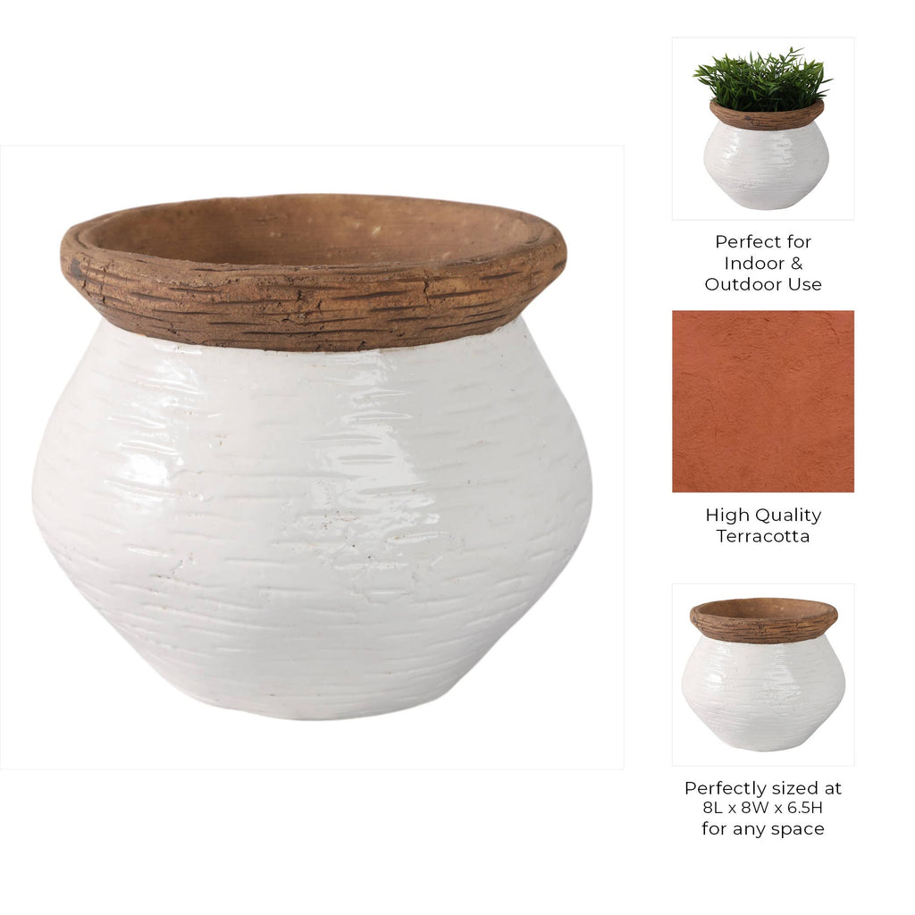 Plant Pot - White/Tan Ceramic Round Tapered Textured, 8 in.