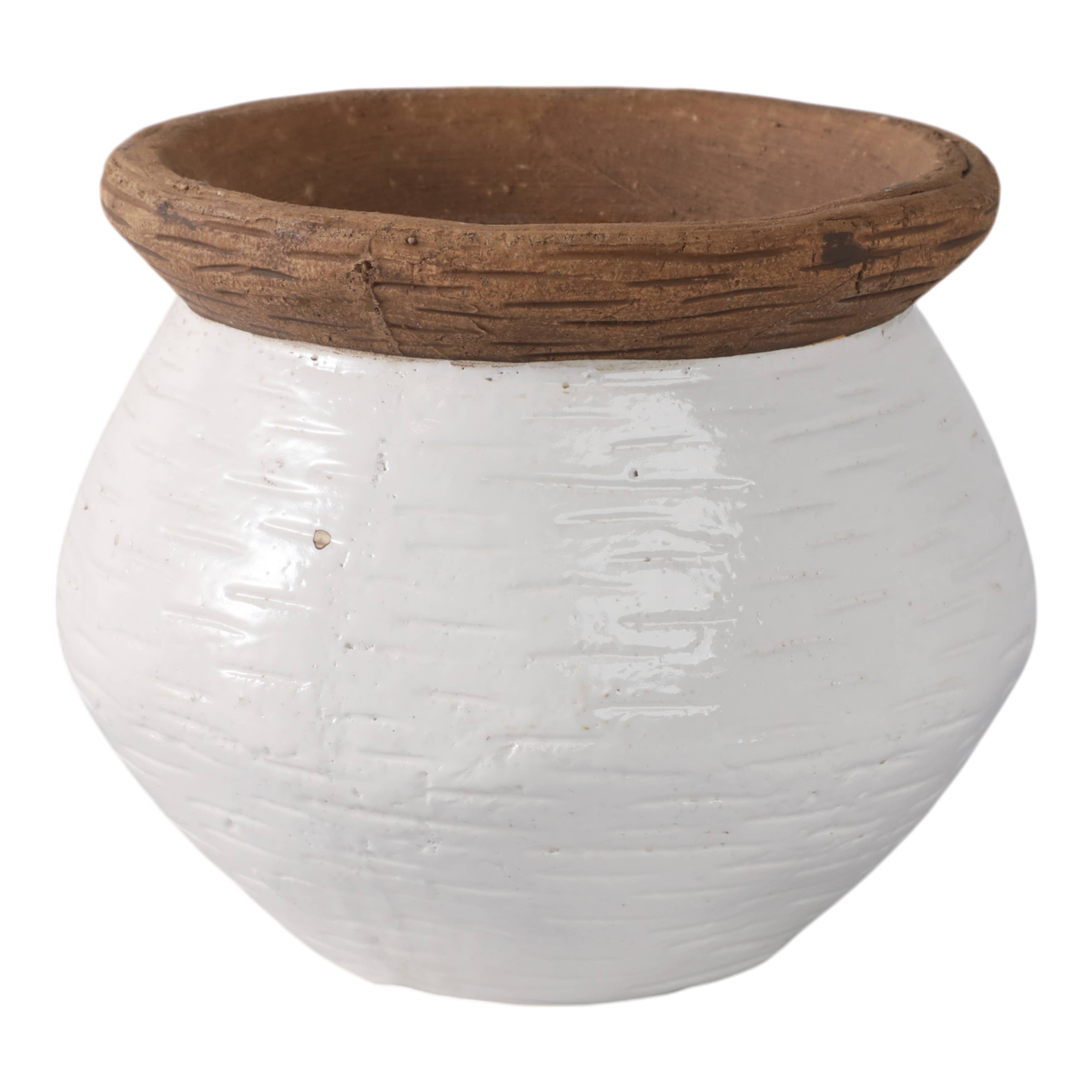 Plant Pot - White/Tan Ceramic Round Tapered Textured, 8 in.