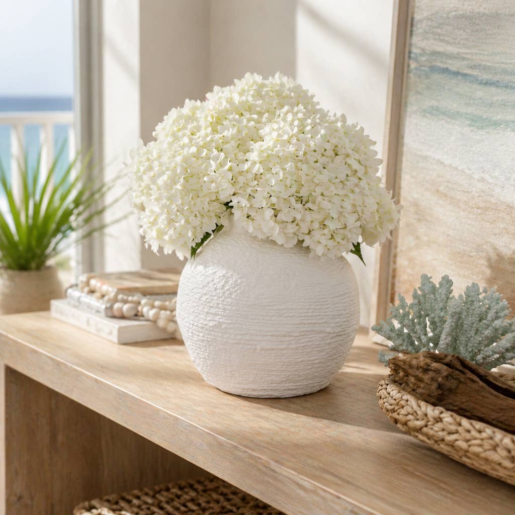 Decorative Vase - White Ceramic Woven Textured Coastal, 7 in